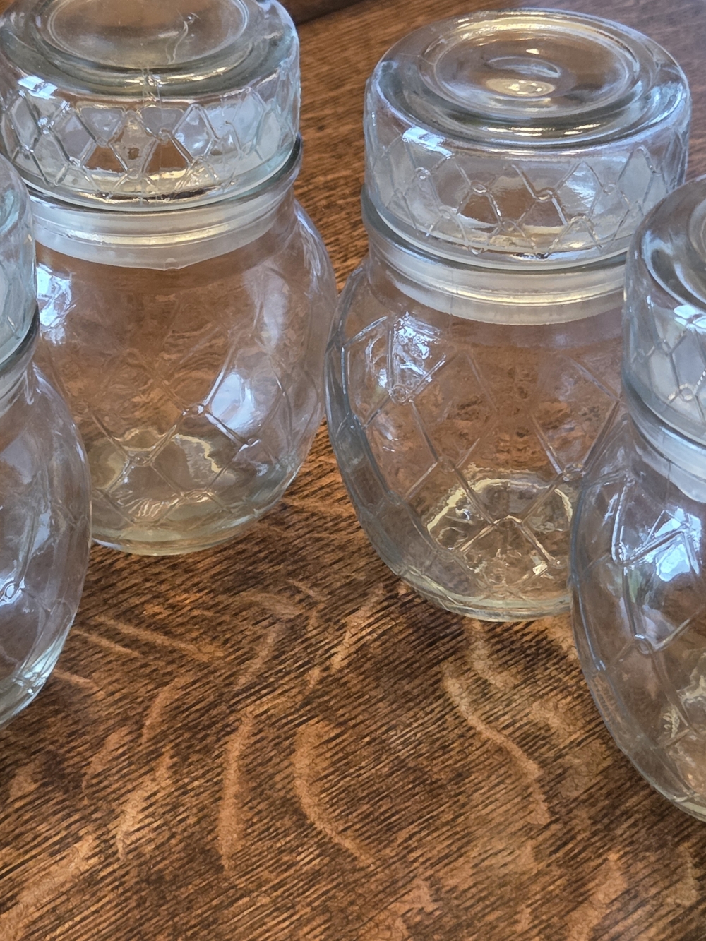 3 Clear Glass Jars with Diamond Pattern, Flat Top Lids w/ Silicone Cap Seals + 1